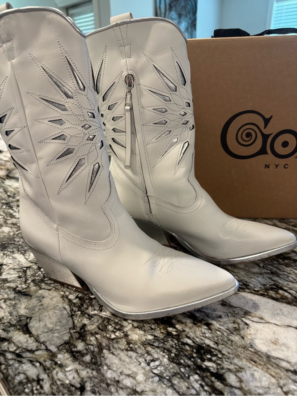 Golo White Leather Western Cut-Out Zip Geometric Mid-Calf Boot Pointed Toe